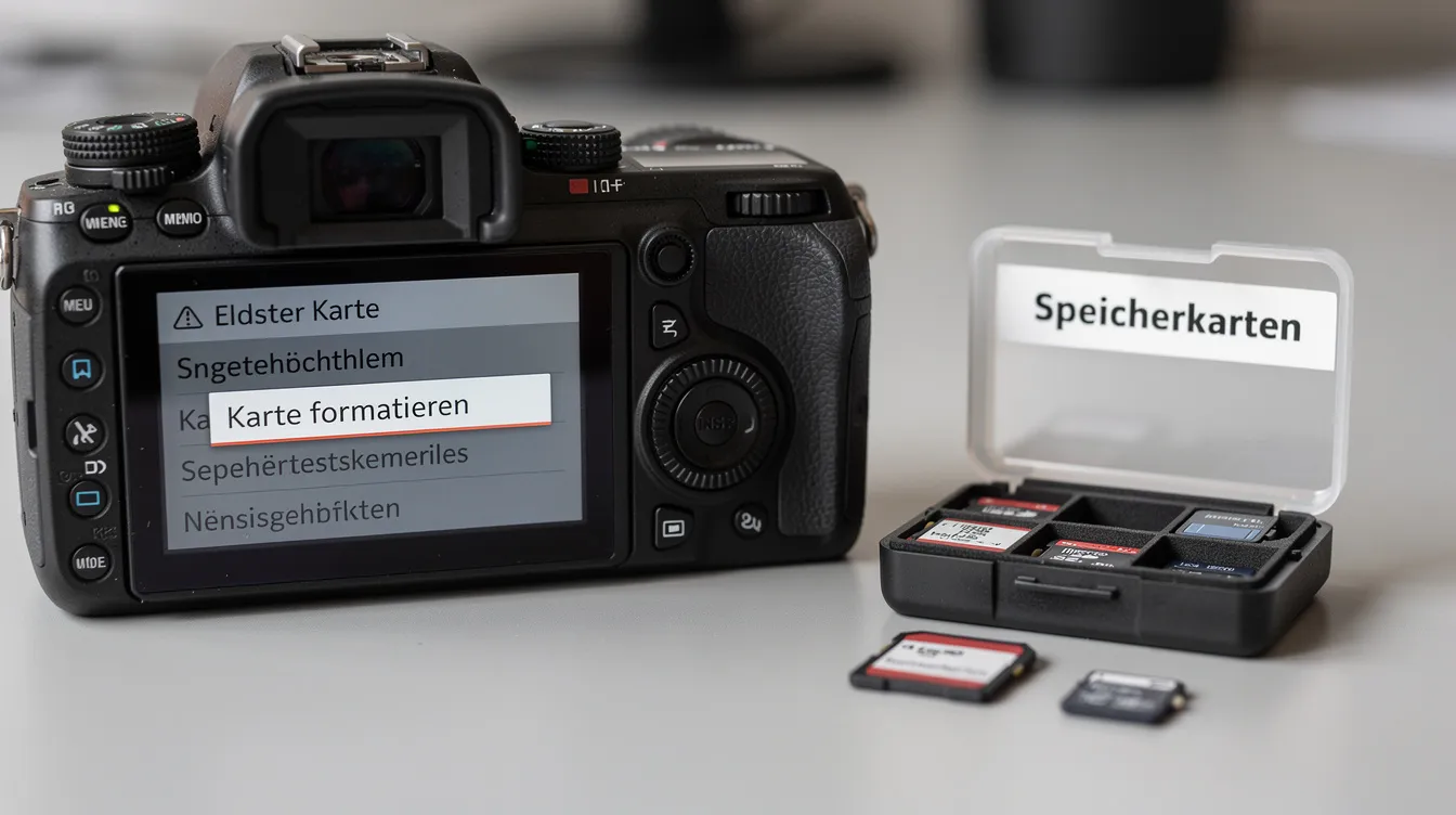 Der Kamera-Menübildschirm zeigt die Option "Karte formatieren" an, während daneben eine beschriftete Box mit mehreren SD-Speicherkarten und CFexpress-Karten zu sehen ist. Diese Bildbeschreibung verdeutlicht die Auswahlmöglichkeiten für Fotografen, die ihre Speicherkapazität und -geschwindigkeit optimieren möchten.