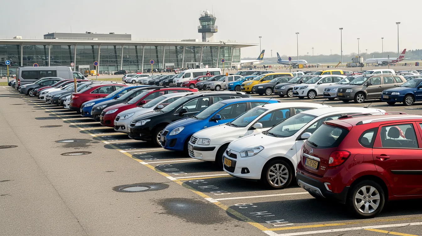 A row of cars of different sizes and colors in an airport car park.