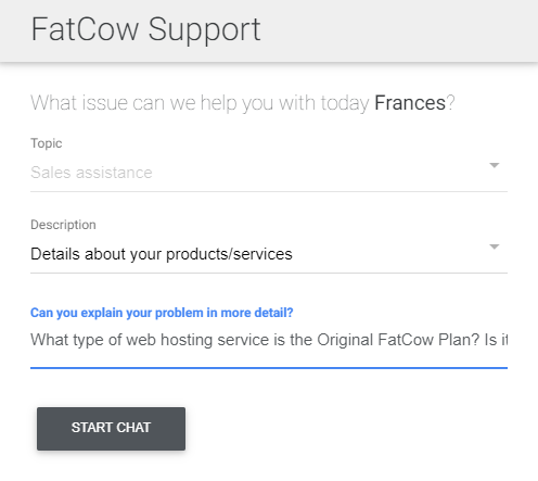 Screenshot of FatCow support ticket/chat screen