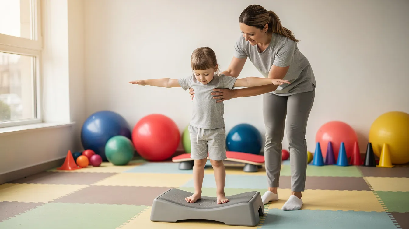 Ein Kind wird von einer Physiotherapeutin bei Gleichgewichtsübungen unterstützt, um die Muskelkraft und Mobilität zu fördern. Diese Therapie ist besonders wichtig, um den Folgen von Bewegungsmangel und Muskelabbau im Alter entgegenzuwirken.