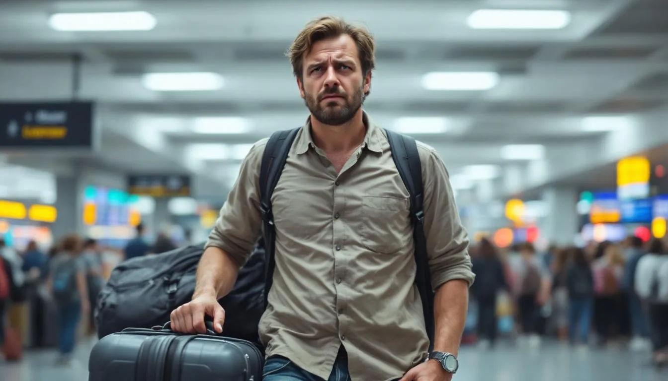 A tired traveler stands at an airport, looking exhausted while holding their luggage, reflecting the fatigue often felt after a long journey. The scene captures the weariness that can accompany travel, highlighting the need for recovery methods like cold water immersion or cold plunge therapy to rejuvenate after such exhausting experiences.
