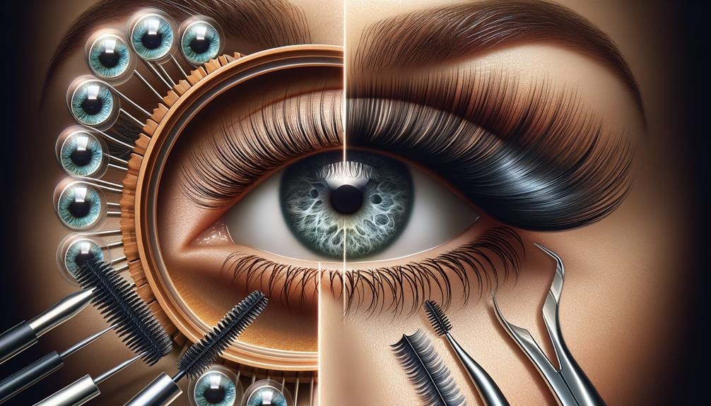 a split image comparison of a magnified eye with lush, voluminous lashes achieved by Wimpernserum and another with meticulously applied Wimpernextensions, both encapsulating the essence of Wimpernverlängerung Methoden.