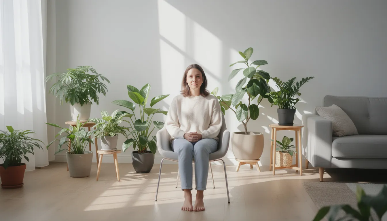 A person is sitting calmly in a bright room filled with plants, exuding a sense of relaxation and focus. The serene environment suggests potential wellness benefits, possibly related to the therapeutic properties of cannabinoids like CBD and CBG, which are known for their roles in managing stress and promoting mental clarity.