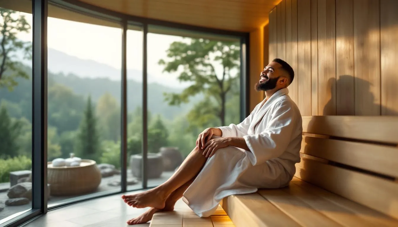 A traveler enjoying a sauna, integrating saunas into future trips.