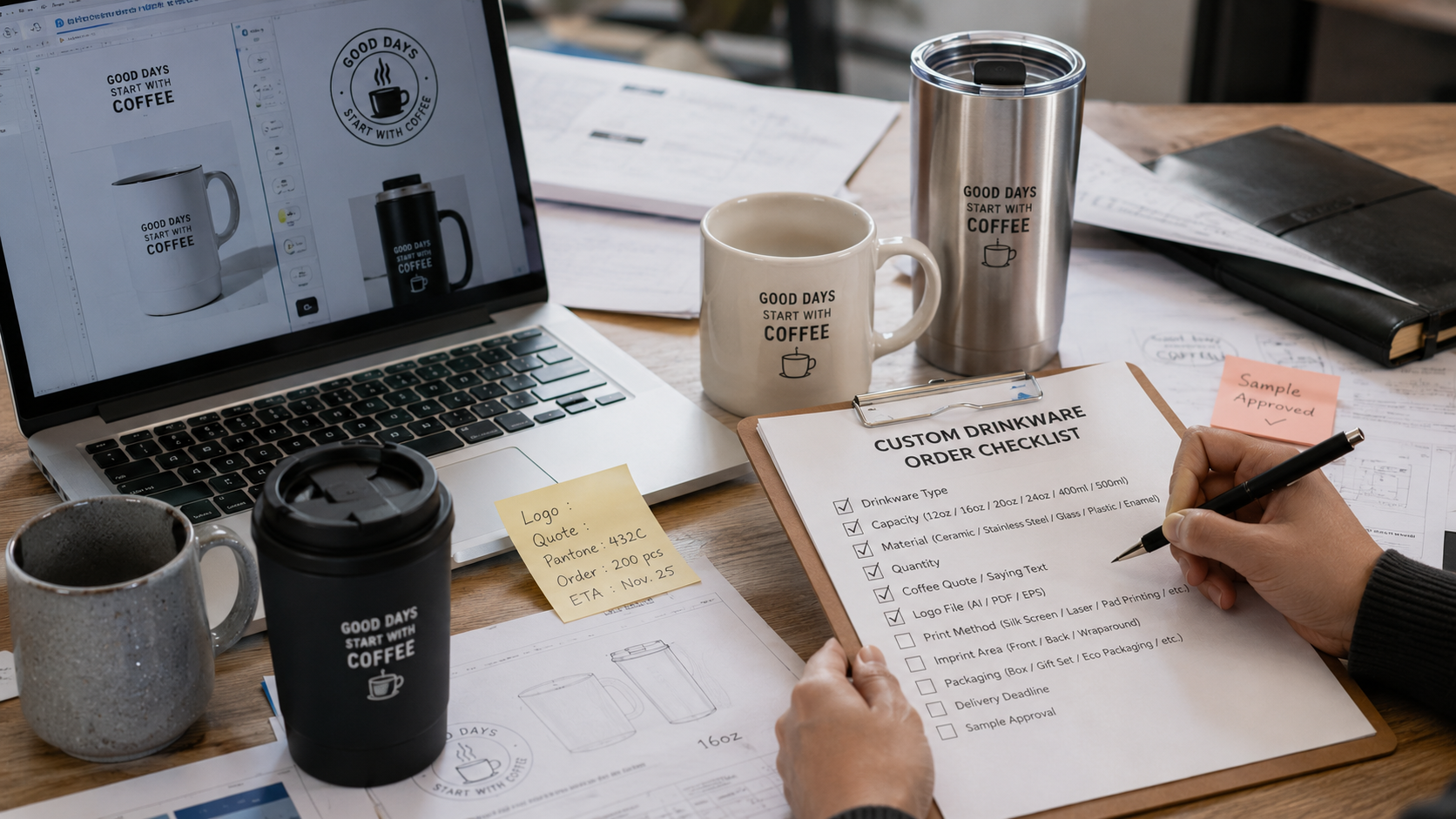 Custom mugs and tumblers beside artwork mockups and an order checklist