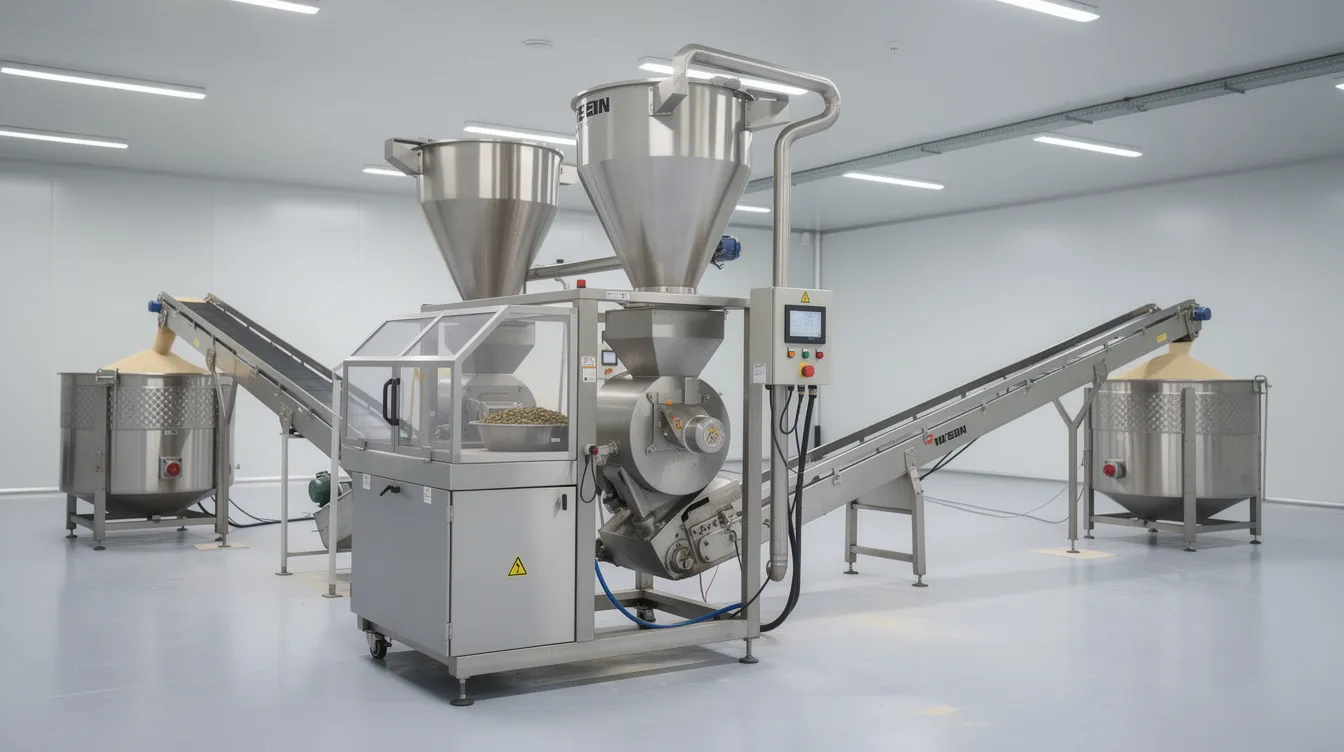 The image depicts an industrial pulse flour grinding machine situated in a clean factory setting, with hoppers and conveyors visible, highlighting the advanced machinery used in the flour milling process. This environment is designed to ensure consistent flour quality and support the rising demand for pulse flour products among health-conscious consumers.