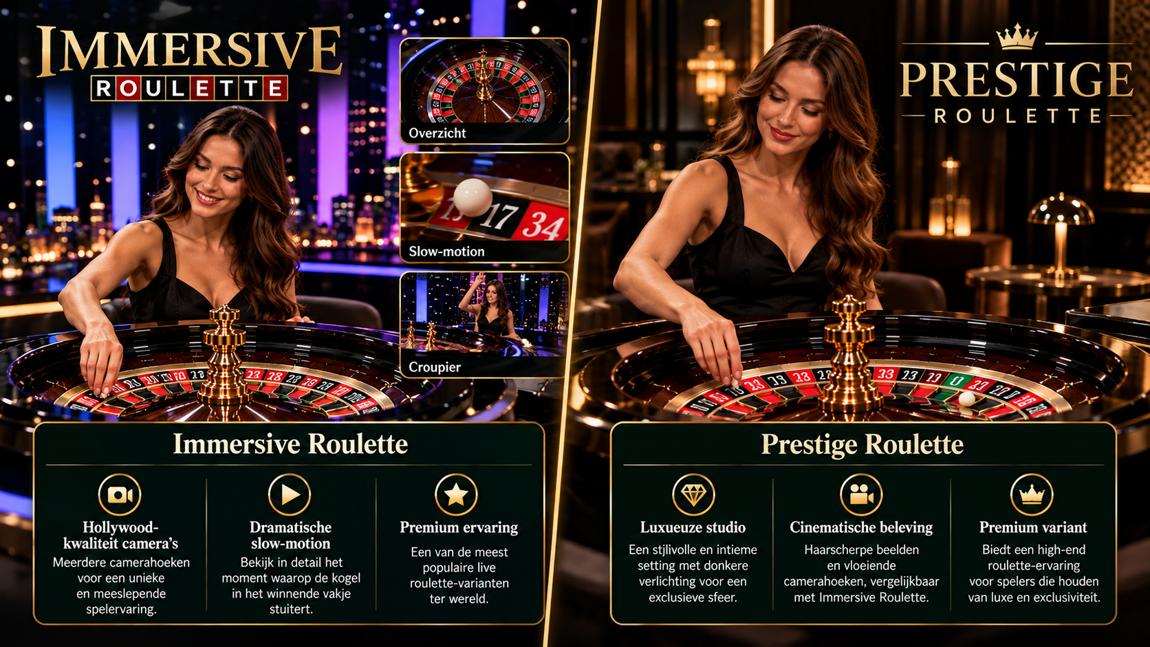 Vergelijking tussen Immersive Roulette en Prestige Roulette met live croupiers en luxe studio’s.