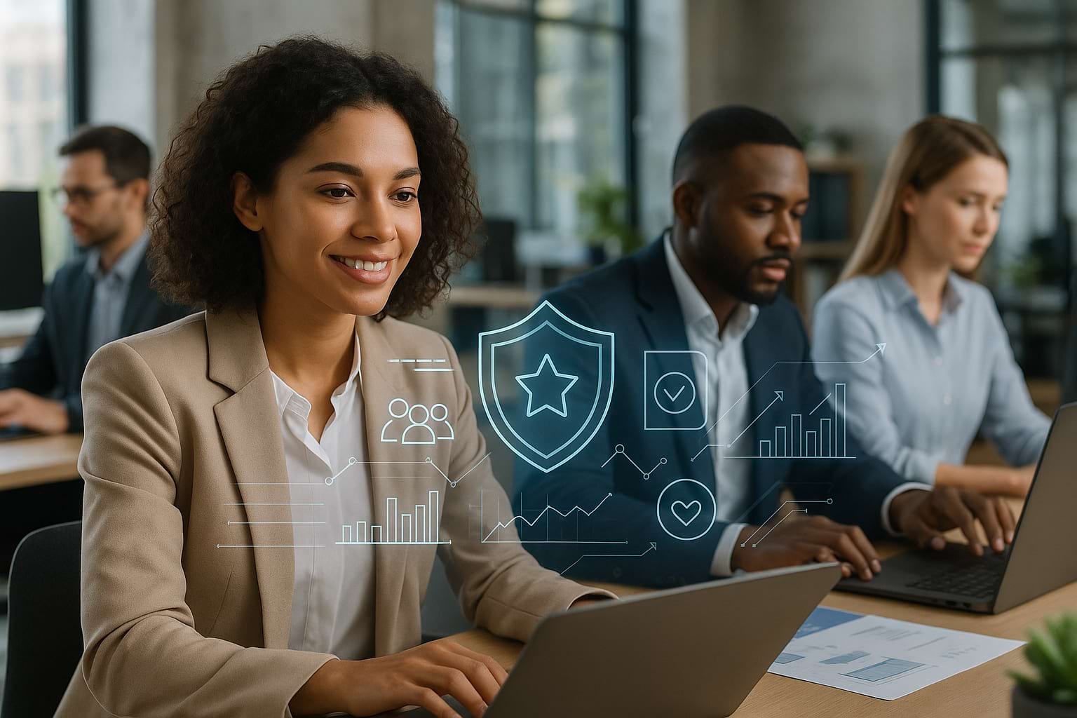 professionals collaborating in modern office with digital overlays representing social media brand management