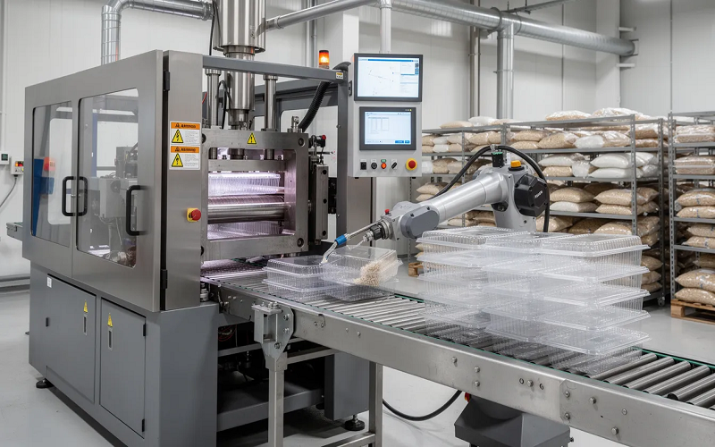 an industrial injection molding machines are efficiently producing durable plastic food containers