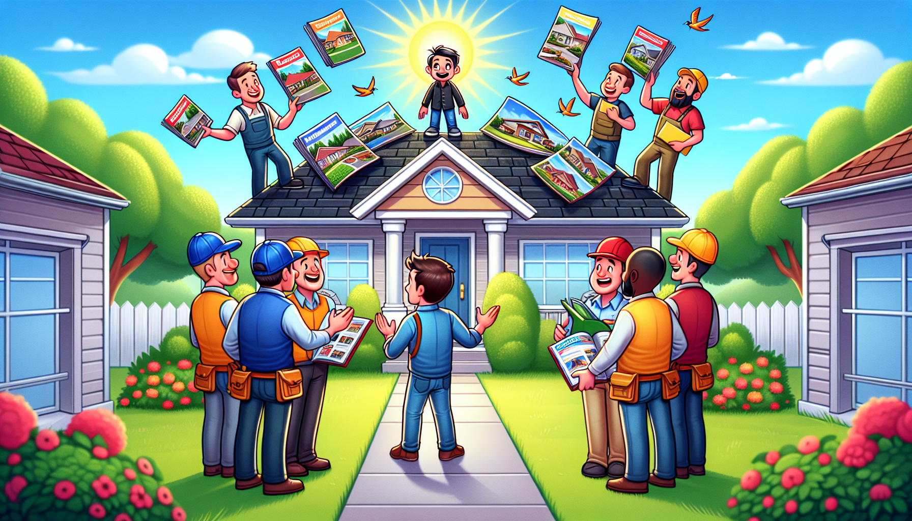 An illustration of a homeowner choosing a trustworthy roofing contractor.