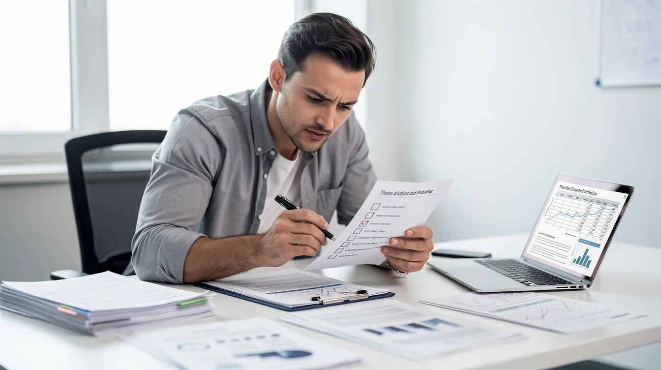 7fe04c41 0cd4 49a2 b625 f15b9b9d8376 An entrepreneur is seated at a desk, intently reviewing a printed checklist alongside various papers and a laptop, indicating a focus on developing a comprehensive project report for a mudra loan application. The scene reflects the meticulous planning necessary for assessing financial viability and preparing a business overview to secure funding from financial institutions.
