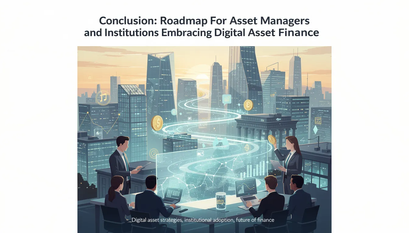 The image illustrates a roadmap for asset managers and institutions as they embrace digital asset finance, highlighting key elements such as blockchain technology trends, regulatory clarity, and the integration of crypto assets into traditional finance. It emphasizes the importance of decentralized finance and the role of institutional investors in shaping the future of the global economy through innovative financial services.