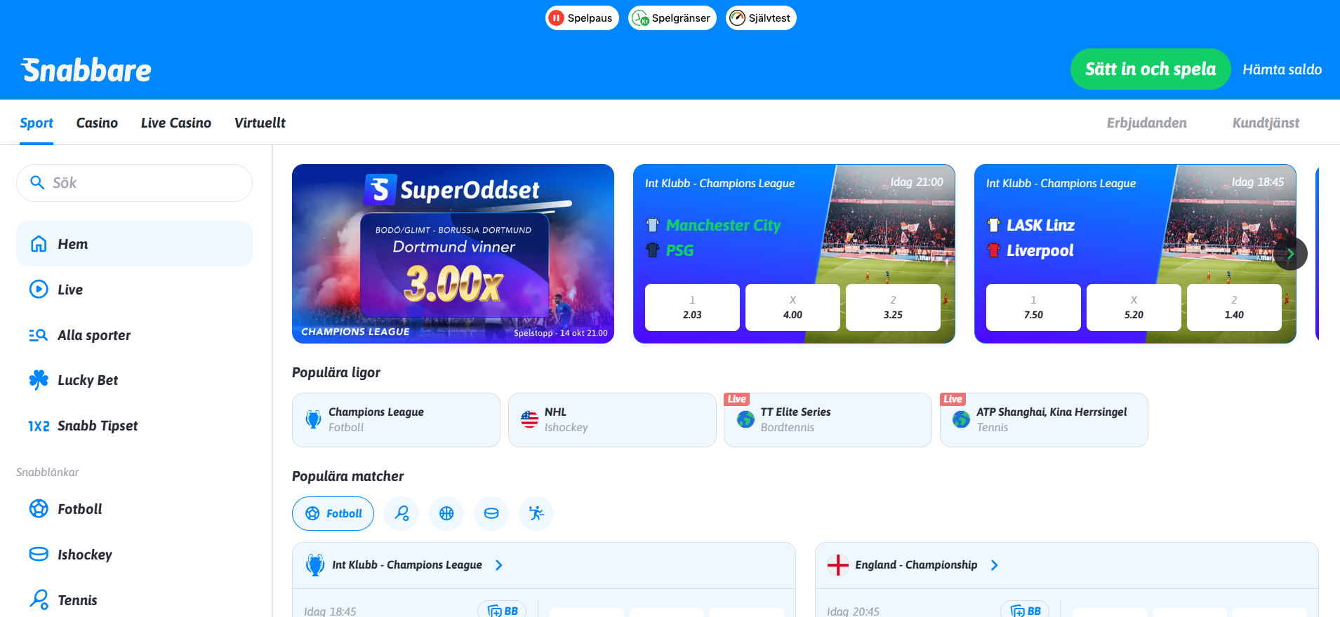 Betting och livebetting hos Snabbare