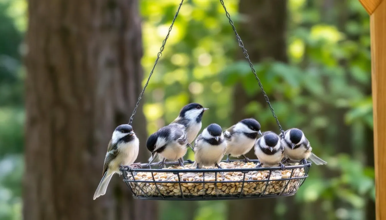 In the image, several blue tits are perched on a bird feeder filled with fresh sunflower hearts, eagerly feeding. A nearby bird bath adds to the inviting atmosphere, making it an ideal feeding station for attracting local birds.