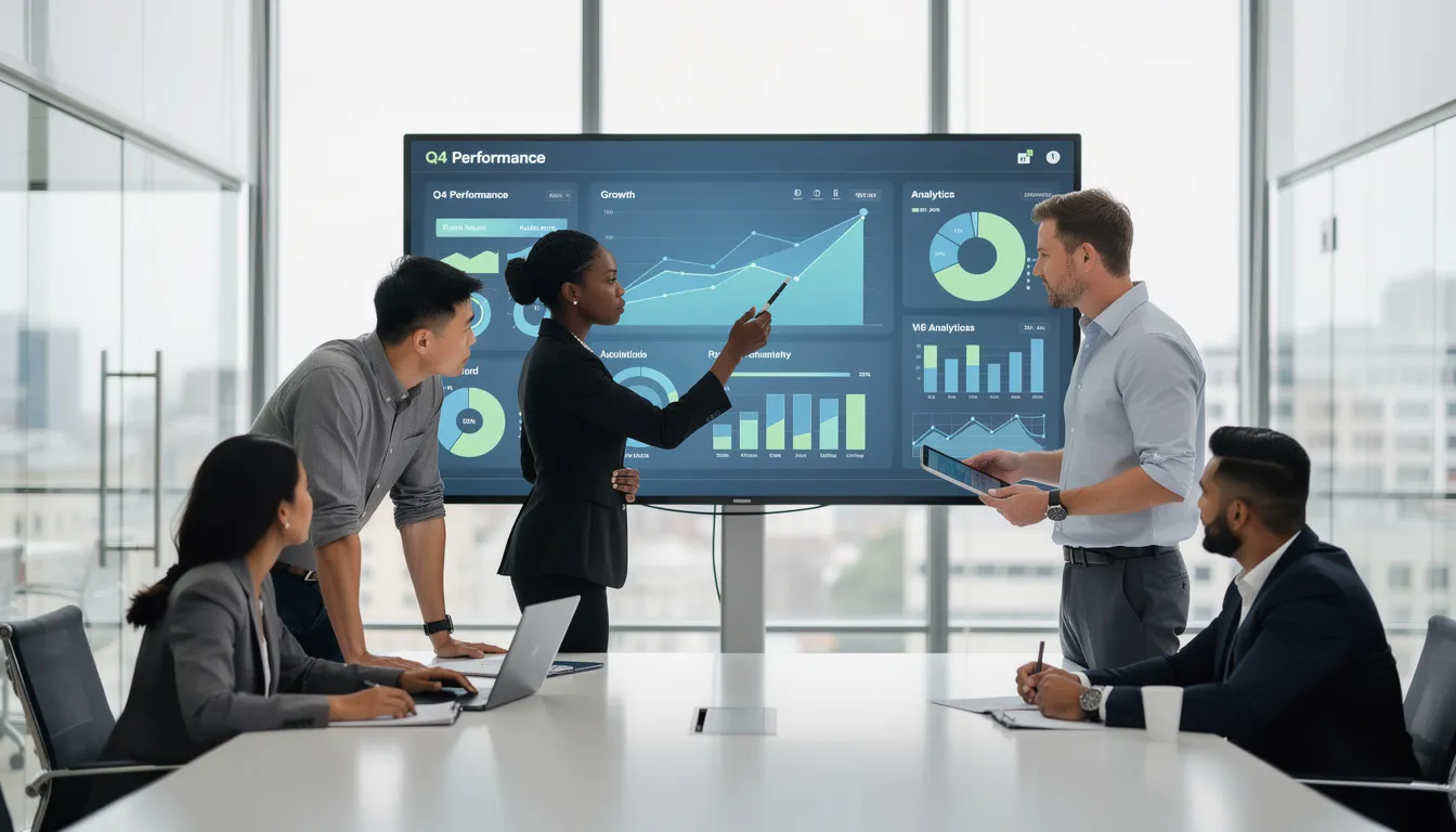 The image depicts a group of diverse professionals collaborating around a large digital display that showcases various data visualizations, highlighting the integration of advanced AI technologies and data analysis in their work. This scene illustrates how AI systems are enhancing collaboration and decision-making in business processes.