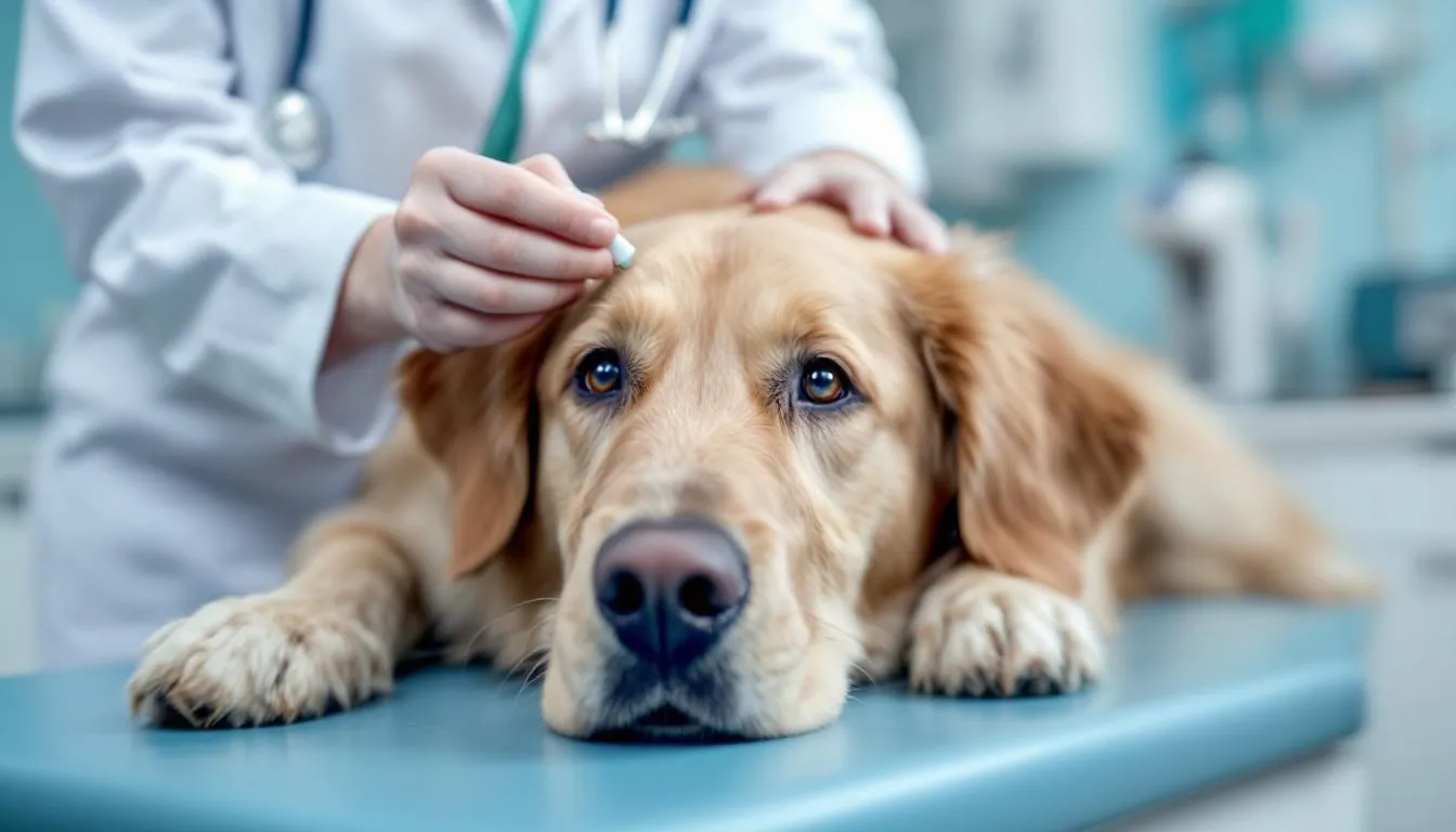 A veterinarian is administering ear drops to a dog to treat its ear infection, focusing on the dog