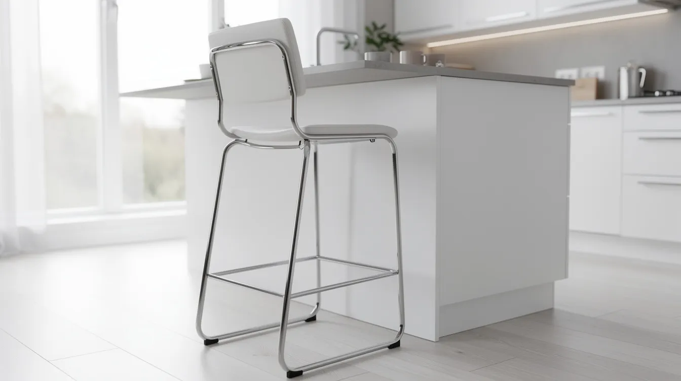 En modern höj och sänkbar barstol i krom och konstläder står vid en köksö i ett ljust kök. Barstolen har en stilren design som passar perfekt i inredningen och ger en elegant känsla till hemmet.