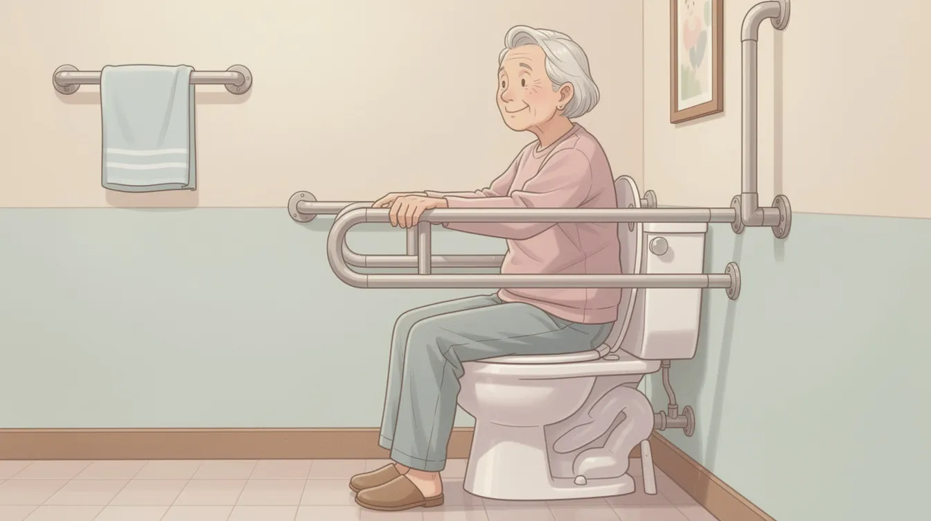 An elderly person using grab bars near a toilet for enhanced safety.