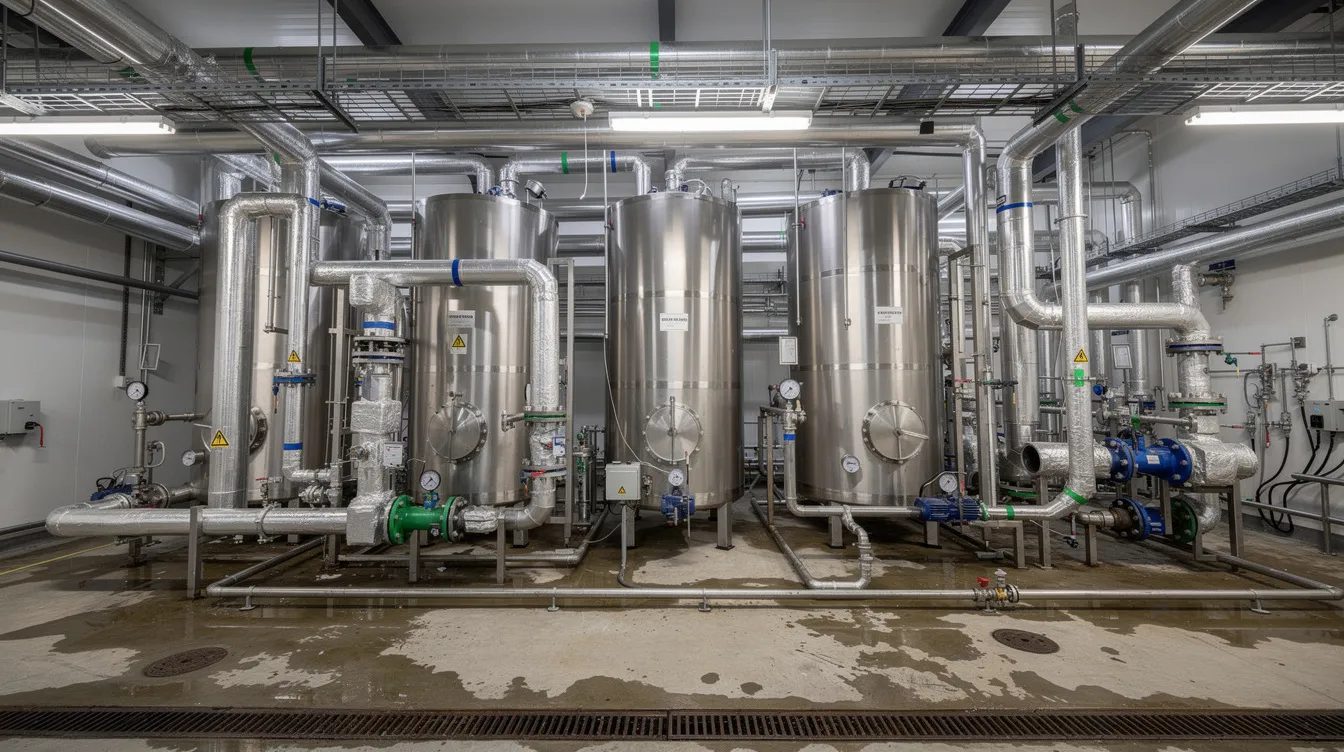 The image depicts a complex industrial water treatment facility featuring large metallic tanks and an intricate network of piping, integral to closed loop water systems. This setup is designed to optimize system performance and ensure proper water treatment, reducing maintenance costs and preventing issues like scale formation and microbial growth.