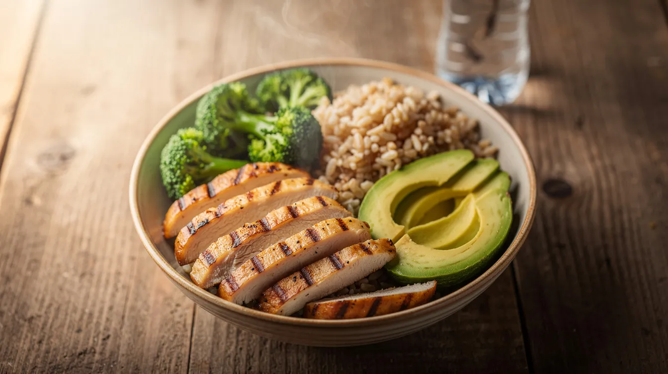 Auf einem Holztisch liegt eine bunte Fitness-Bowl, gefüllt mit gegrilltem Hähnchen, Vollkornreis, Brokkoli und Avocado. Im Hintergrund steht eine Wasserflasche, die die gesunde Ernährung und den aktiven Lebensstil eines Sportlers unterstreicht.