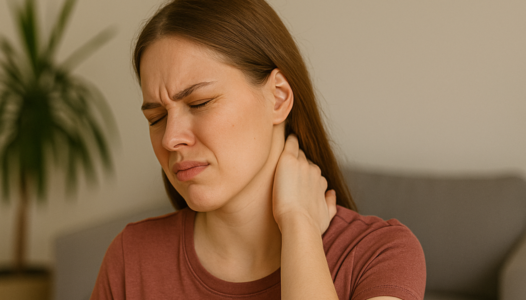 Kvinne sitter hjemme og holder seg til nakken med smertefullt uttrykk, omgitt av myk belysning og rolige omgivelser.