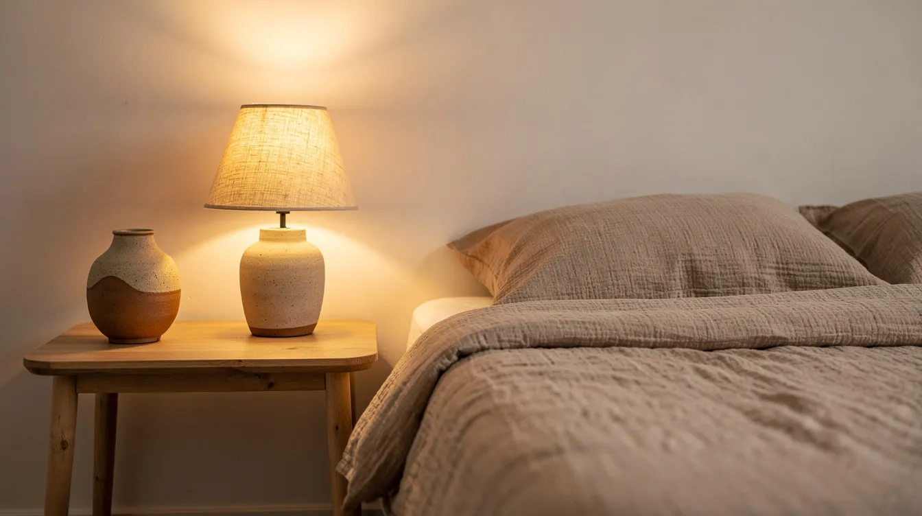 Ett sovrum med ett sandfärgat överkast som ger en lugn och harmonisk känsla. På nattduksbordet står en liten keramikvas och en sänglampa som sprider ett varmt ljus, vilket skapar en mysig atmosfär i rummet.