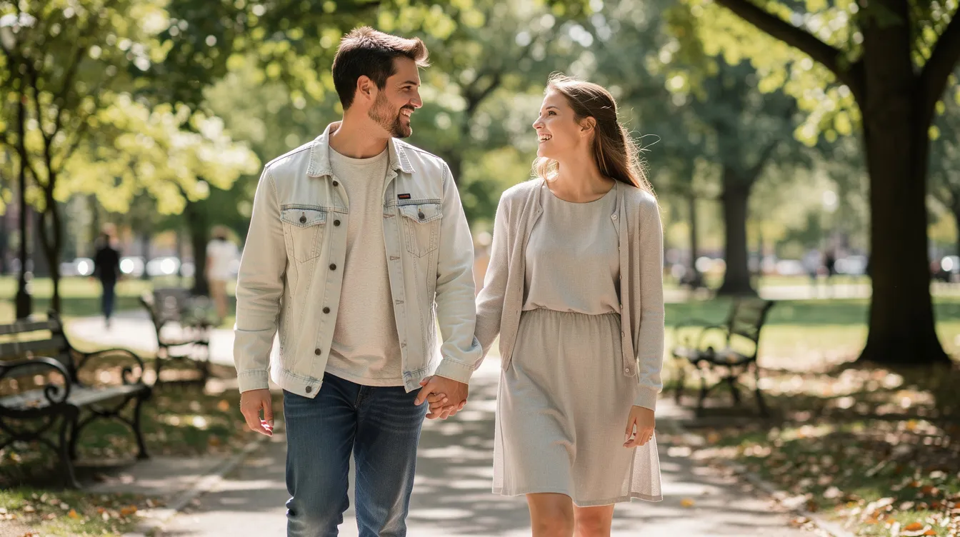 The image depicts two people walking hand in hand through a park, radiating joy and connection as they smile at each other. This scene reflects the essence of secure attachment in romantic relationships, showcasing emotional intimacy and the fulfillment that comes from healthy, stable connections.