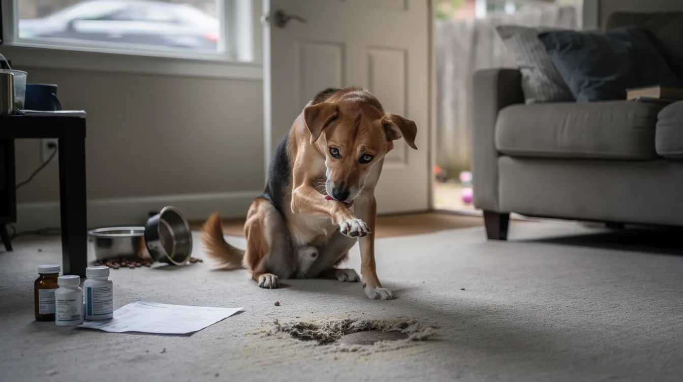 The image depicts a dog engaging in repetitive behaviors, such as tail chasing, which are indicative of compulsive behaviors often seen in canine compulsive disorder. The scene highlights the dog's focused expression, emphasizing the struggle with obsessive thoughts that can lead to abnormal behavior and the need for behavioral modification.