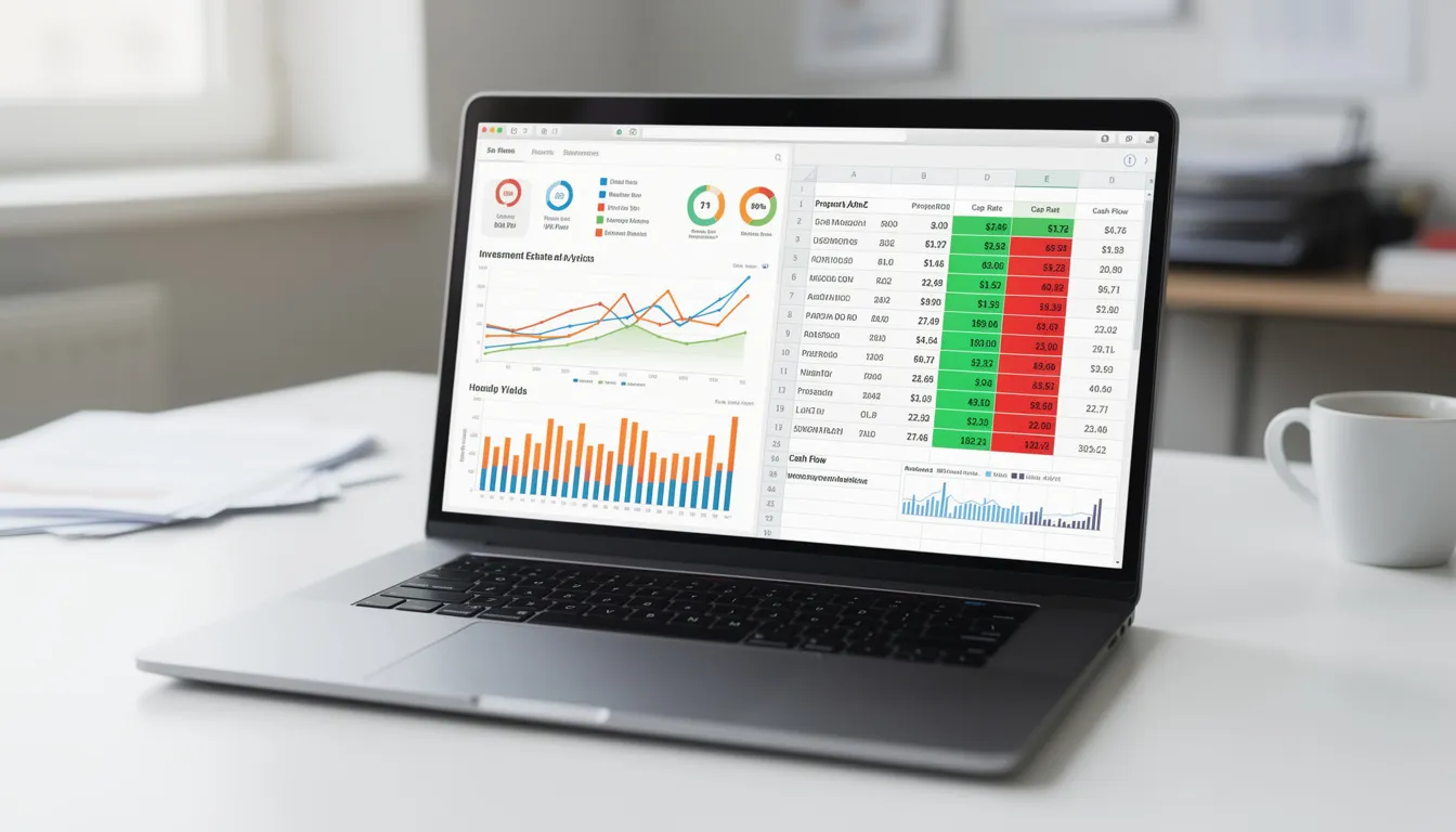 Laptop screen filled with colorful charts and graphs depicting real estate market data, alongside an investment analysis spreadsheet.