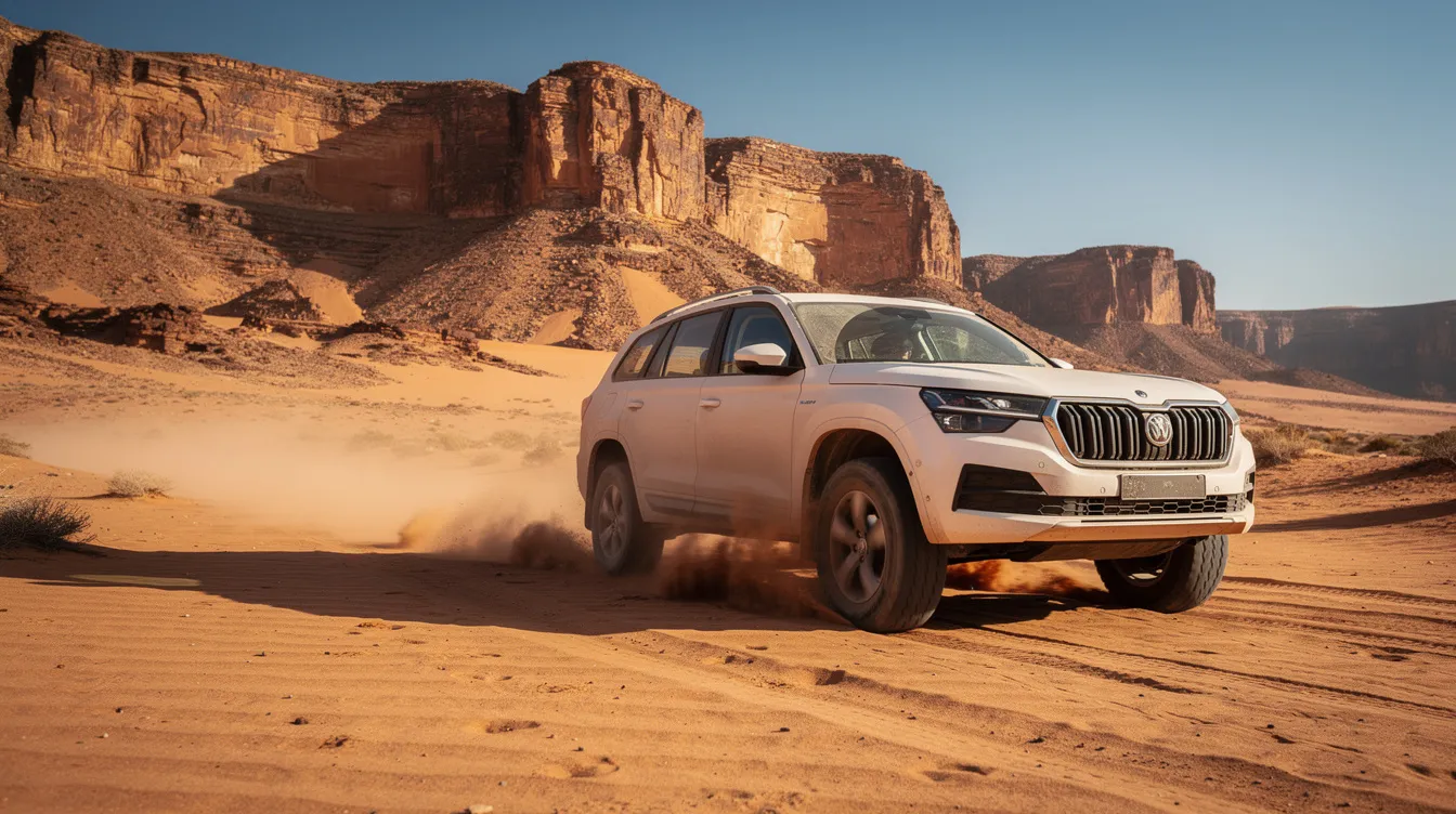 SUV bianco su una pista sabbiosa in un paesaggio desertico.