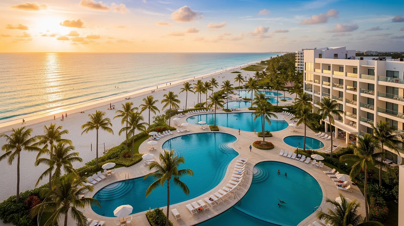 A imagem mostra o Hotel Riu Dunamar em Cancún, com uma vista deslumbrante do mar azul e das praias da região. O hotel, localizado na zona hoteleira, destaca-se pela sua infraestrutura moderna e oferece uma experiência incrível para os hóspedes que buscam relaxar e aproveitar a vida noturna de Cancún.