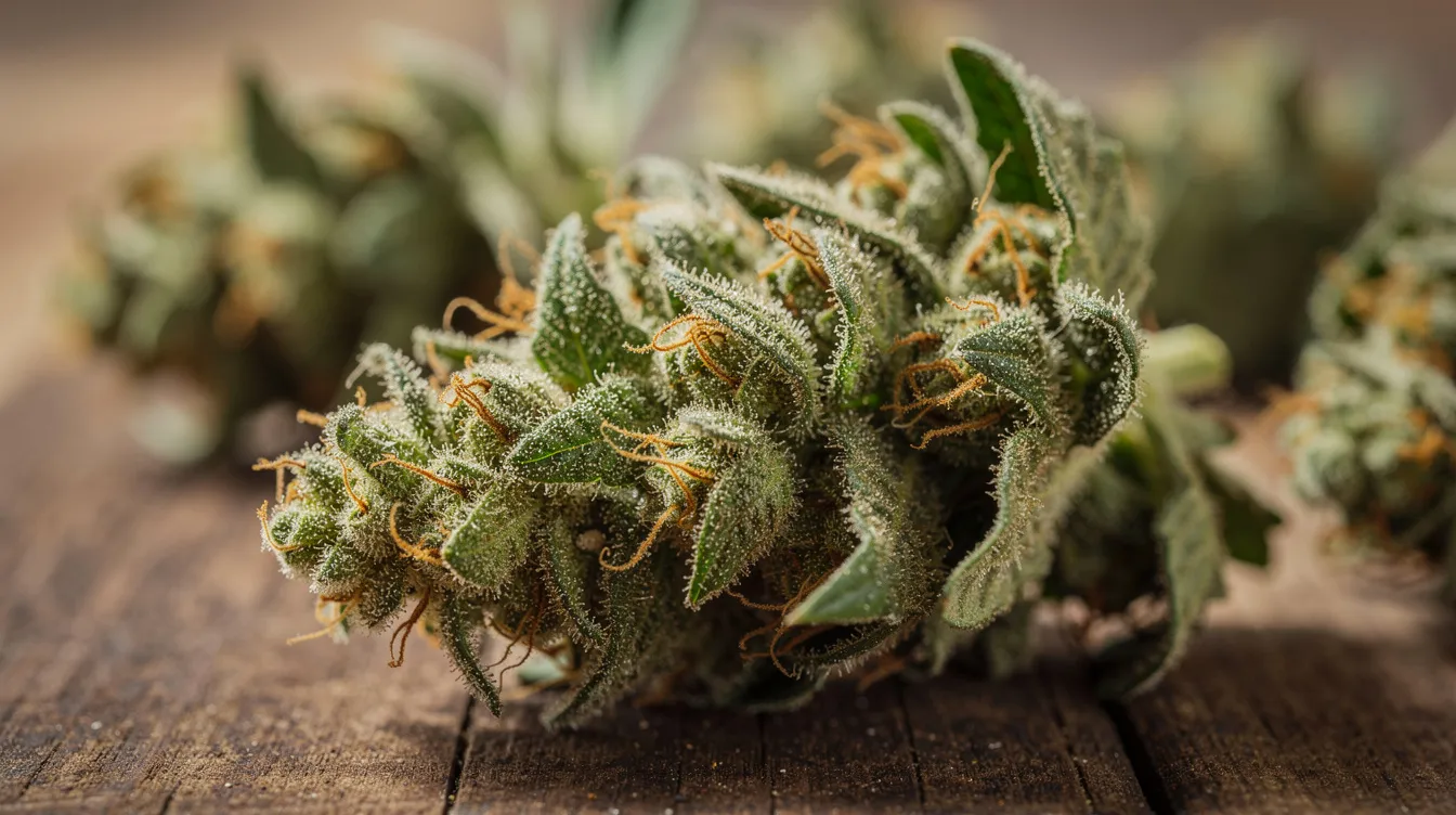 A close-up image showcases raw green cannabis flower buds, adorned with glistening trichomes, resting on a wooden surface. This visual representation highlights the natural beauty of cannabis sativa, which is subject to various legal statuses and compliance regulations under Nevada laws.