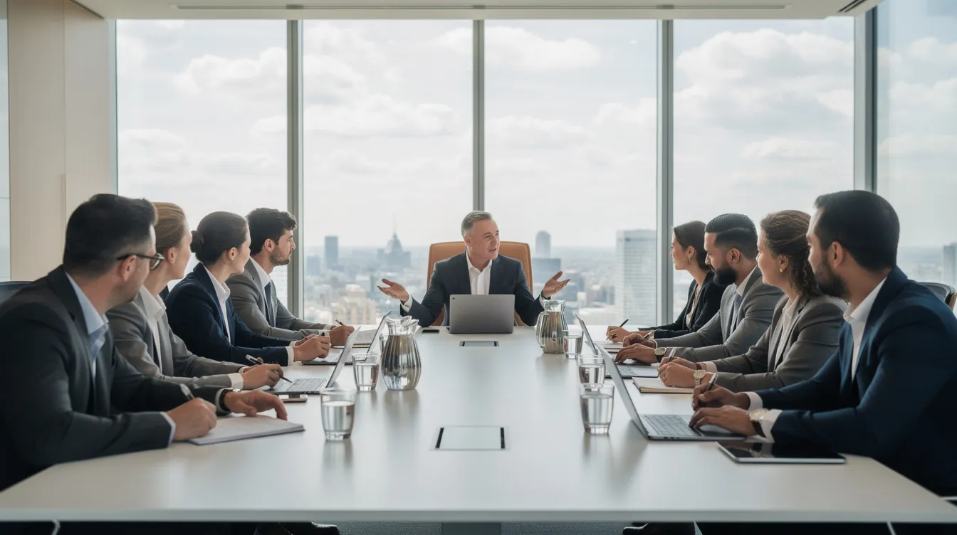 A group of professionals is seated around a conference table in a bright office, engaged in a business meeting focused on corporate law and the responsibilities of a business entity. They discuss important aspects such as liability protection, tax advantages, and the process of filing articles for incorporation, highlighting the significant role of the board of directors in managing the organization.