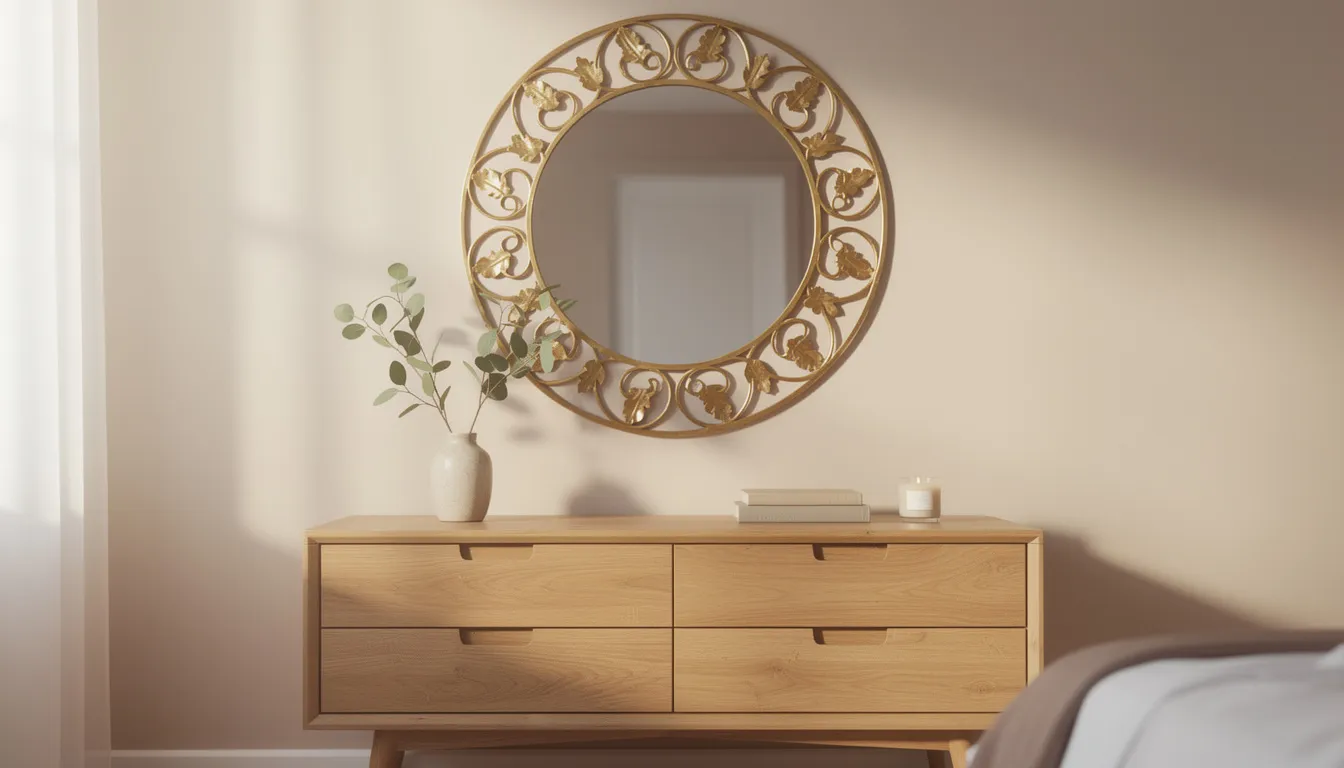 Een ronde decoratieve spiegel met een gouden frame hangt boven een houten slaapkamerdressoir, wat zorgt voor een stijlvolle muurdecoratie in de slaapkamer. Deze combinatie geeft de ruimte een luxe uitstraling en voegt een sfeervol element toe aan het interieur.