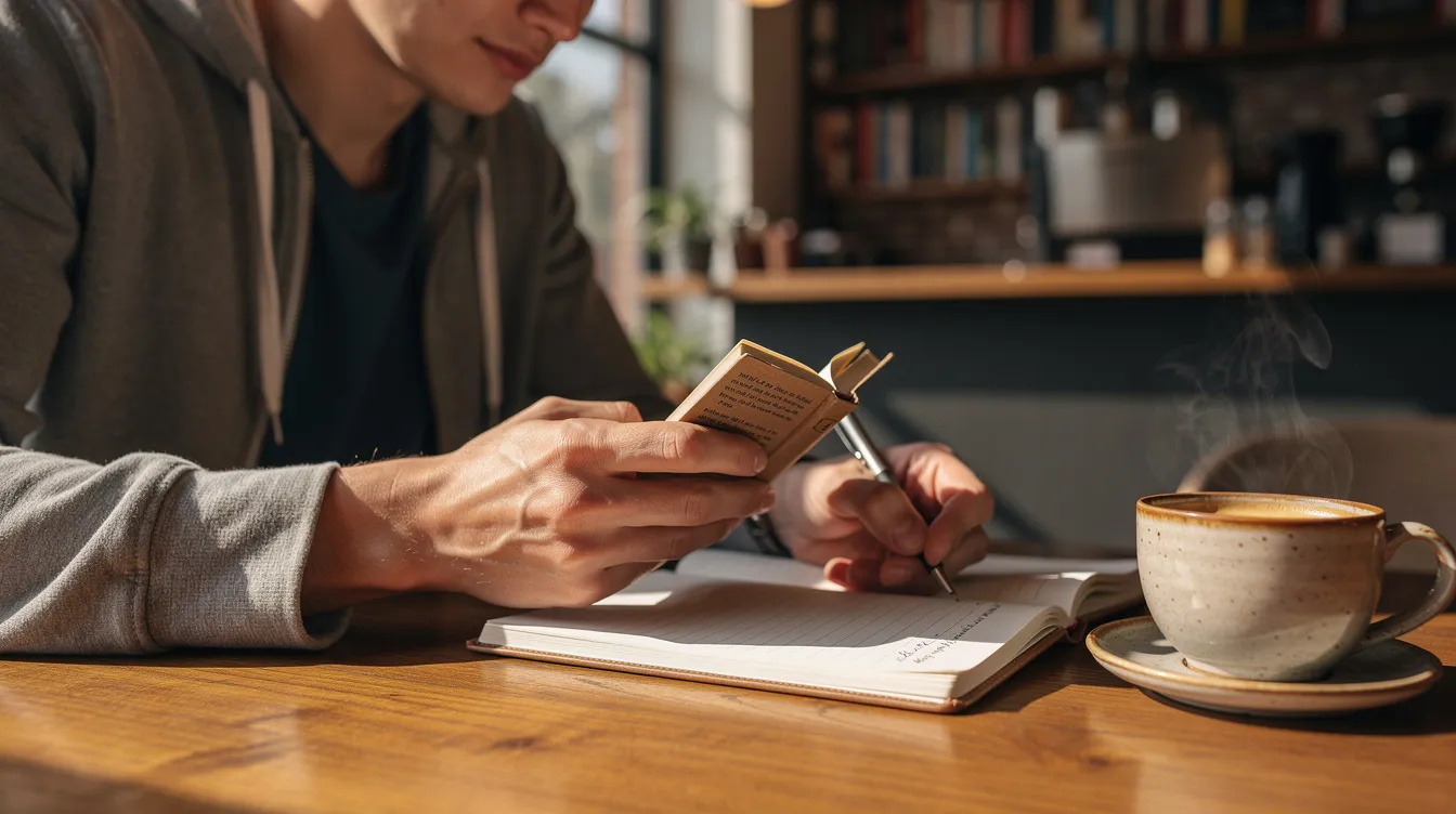 A business coach is seated at a coffee shop, engrossed in reading a small booklet while taking notes, likely reflecting on effective marketing strategies to attract new clients and enhance their coaching practice. The cozy atmosphere suggests a focus on developing valuable content and insights for their target audience.