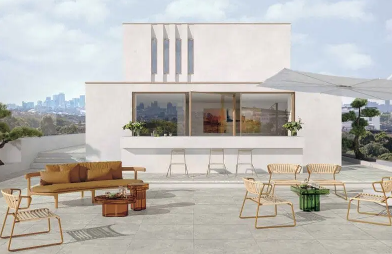 Bring your exterior space in line with your interior design with the help of La Geoteca Limestone 20mm Outdoor Porcelain Tiles by Gardenia Ariana Tiles, creating a seamless and stylish flow from inside to out.