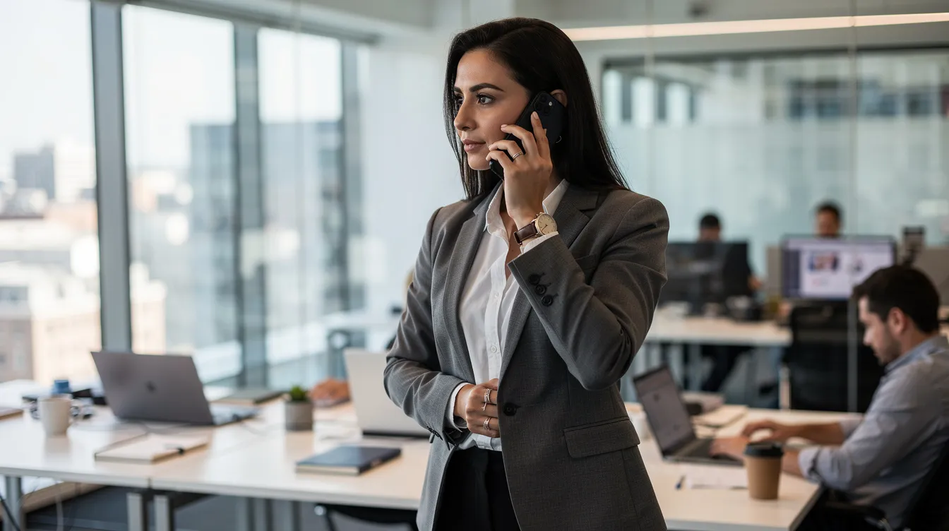 The image depicts a person engaged in a phone call within a professional office environment, possibly discussing matters related to probation violation or legal representation. The setting suggests a serious tone, likely indicating the importance of the conversation regarding probation conditions or a probation violation hearing.