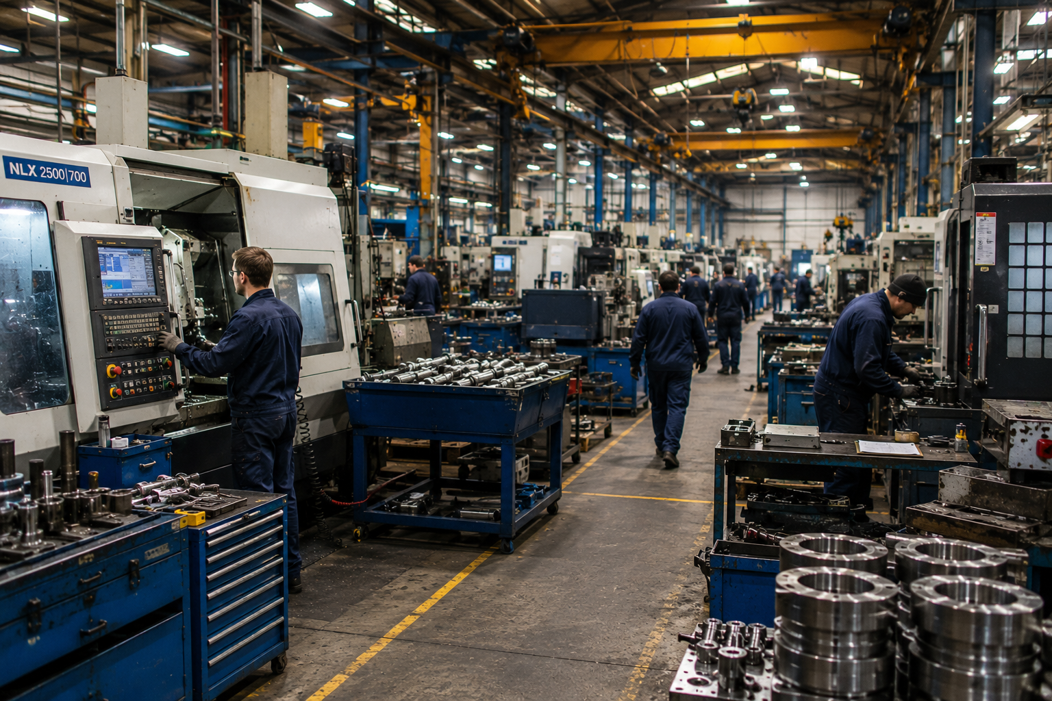 Busy industrial manufacturing facility with active production lines and operating machinery.