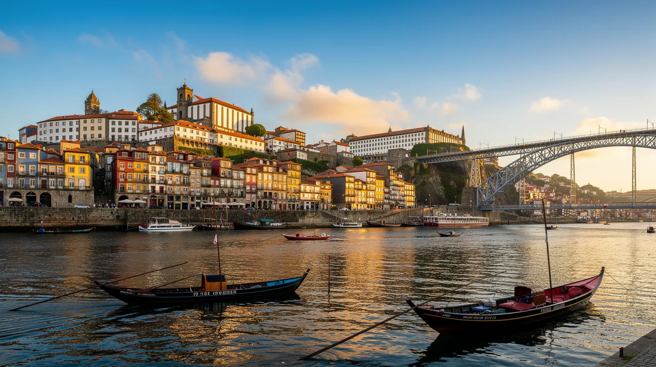 A imagem retrata uma vista deslumbrante da cidade do Porto, em Portugal, destacando seus famosos pontos turísticos, como as coloridas casas à beira do rio Douro e as pontes icônicas que conectam as margens. O cenário é perfeito para viajantes que desejam explorar a rica história e cultura da região.