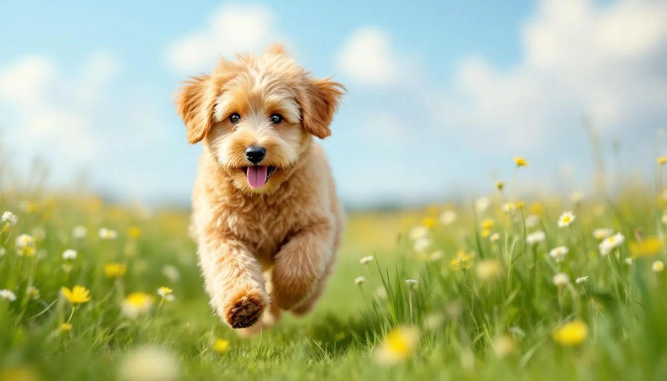 A healthy adult miniature English Goldendoodle with a curly coat joyfully runs through a lush grassy field, embodying the playful spirit of family companions and therapy dogs. Its long legs and energetic demeanor highlight the breed
