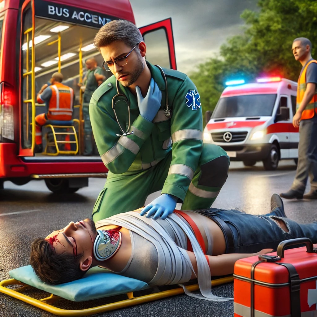 A bus accident victim receiving medical attention. 