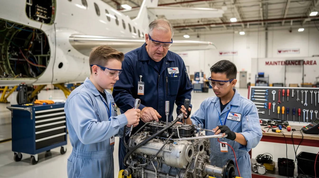 A mechanic instructor is supervising students at an aviation maintenance technician school, guiding them as they use various aircraft maintenance tools. This hands-on training is essential for students pursuing their mechanic certificate and gaining the practical experience required for certification under FAA Part 147 standards.
