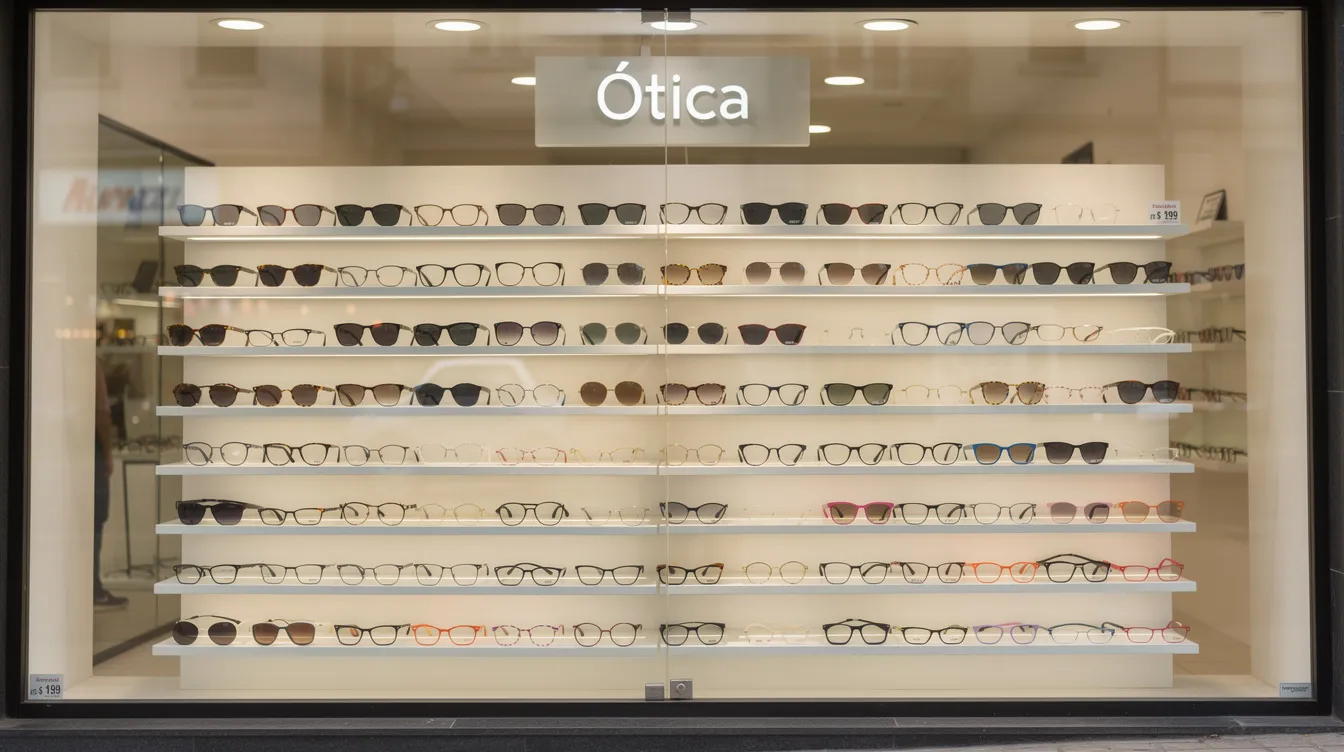 A imagem mostra uma vitrine de ótica com diversas armações de óculos organizadas em prateleiras, refletindo raios de luz e oferecendo opções para melhorar a acuidade visual de pessoas com miopia ou outros erros refrativos. As armações variam em estilo e cor, destacando a importância da correção da visão na qualidade de vida.
