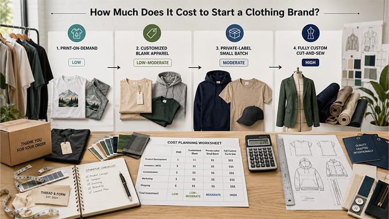 Clothing brand startup cost comparison for print-on-demand, customized blanks, private label, and custom cut-and-sew