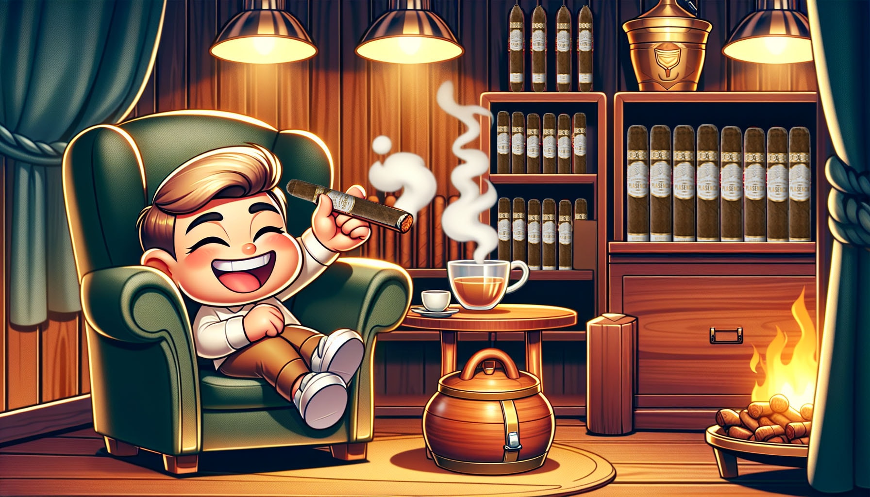 An illustration showing a beginner enjoying a Plasencia Reserva Original Corona cigar.