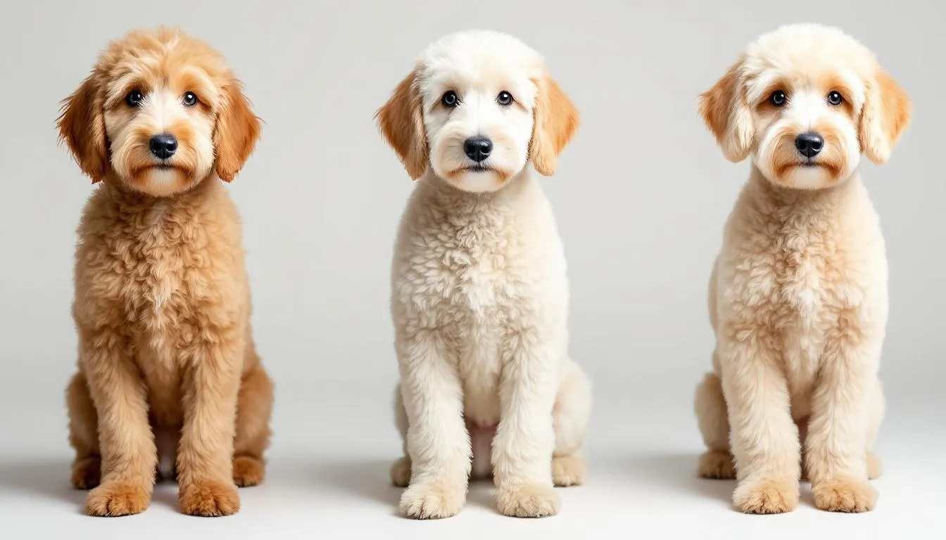 In the image, three Goldendoodles with different coat types are displayed side by side, showcasing their varying textures and lengths. This comparison highlights the diversity in Goldendoodle coat types, which can be beneficial for allergy sufferers seeking hypoallergenic dogs with less dander.