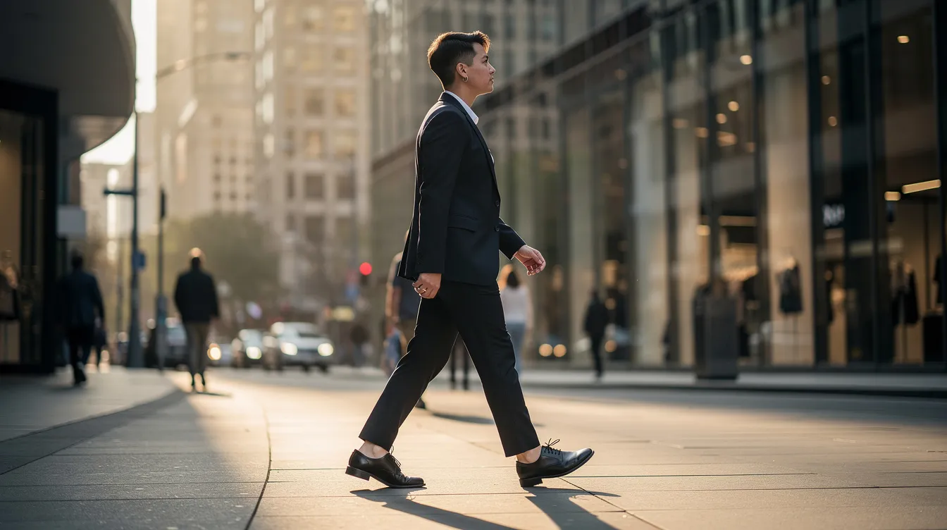 A confident person strides purposefully through a bustling urban environment, embodying self-awareness and a clear direction in life. This image reflects the essence of emotional readiness and the journey toward meaningful relationships, emphasizing the importance of mutual respect and quality connections in the dating world.