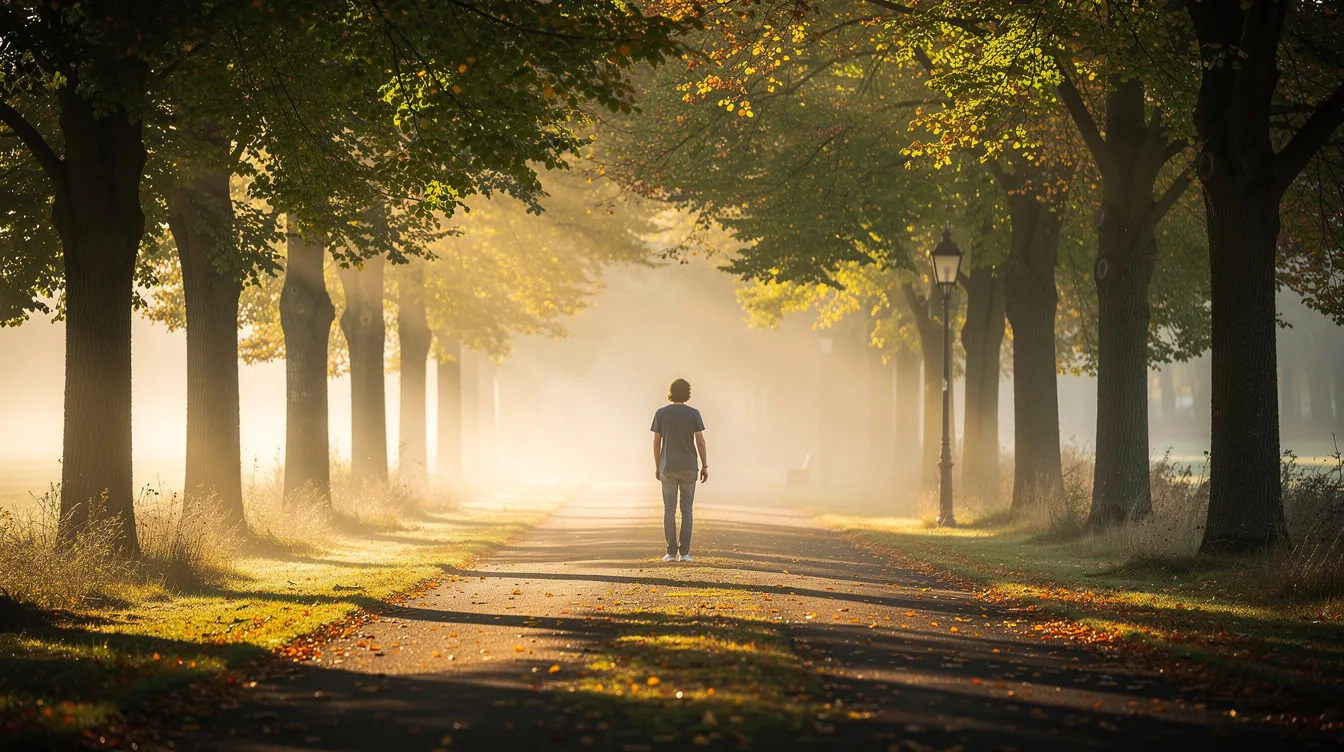 A person is walking along a tree-lined path, bathed in warm morning sunlight, creating a serene atmosphere. The scene captures the essence of a healthy lifestyle, reminiscent of the recovery journey after an arm lift procedure, where maintaining physical activity is essential for healing and achieving a toned appearance.