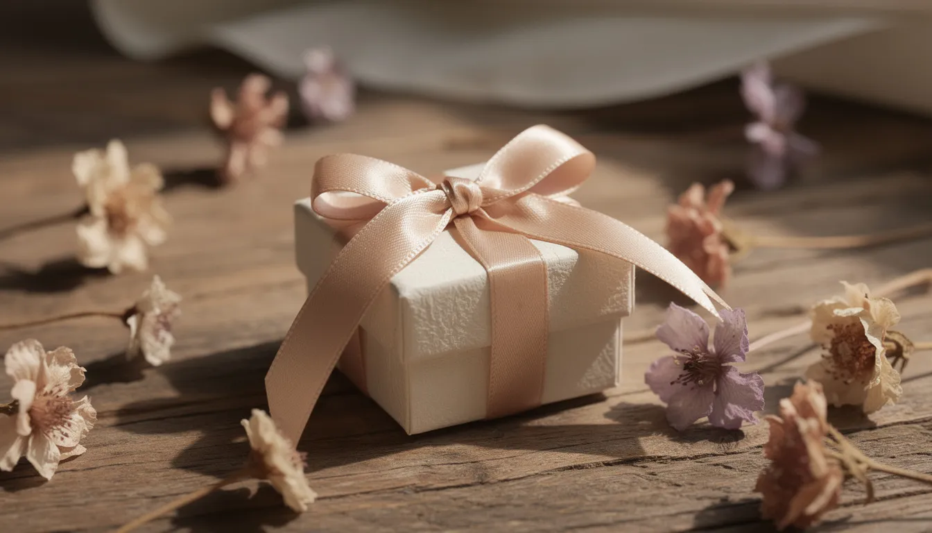 The image features a beautifully gift-wrapped jewellery box adorned with a ribbon, resting on a wooden surface surrounded by scattered dried flowers. This aesthetic arrangement could enhance online sales through effective digital marketing strategies and search engine optimization (SEO) efforts.