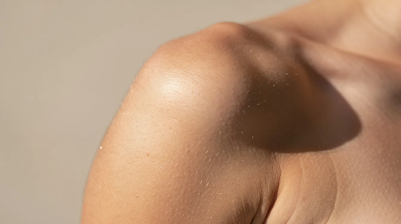 The image shows a close-up of a person's upper arm and shoulder, highlighting a short scar from an arm lift procedure. The skin appears smooth with some redness around the scar, set against a neutral background.